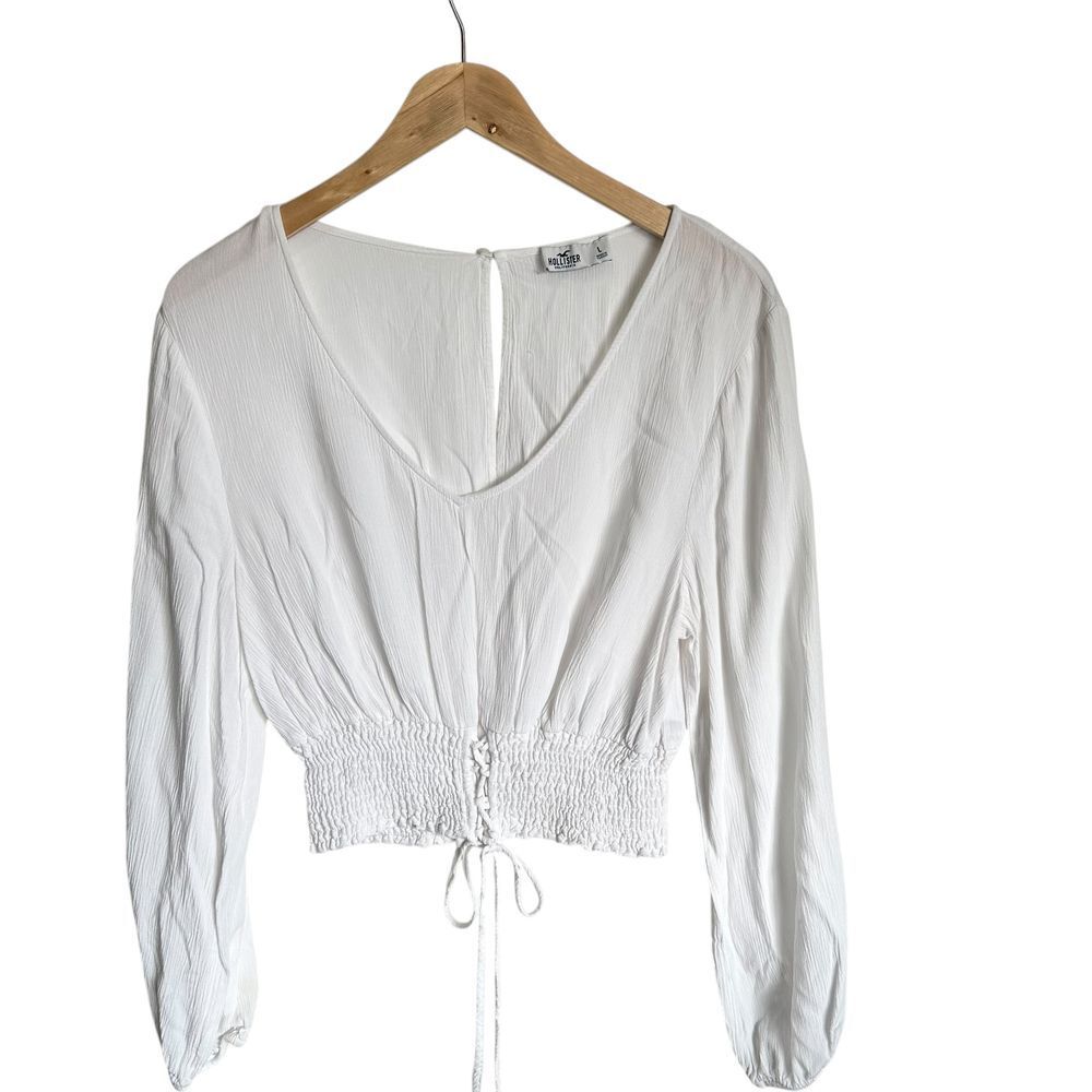 Hollister Top Cropped White Long Peasant‎ Large Smocked NWOT Casual Minimalist